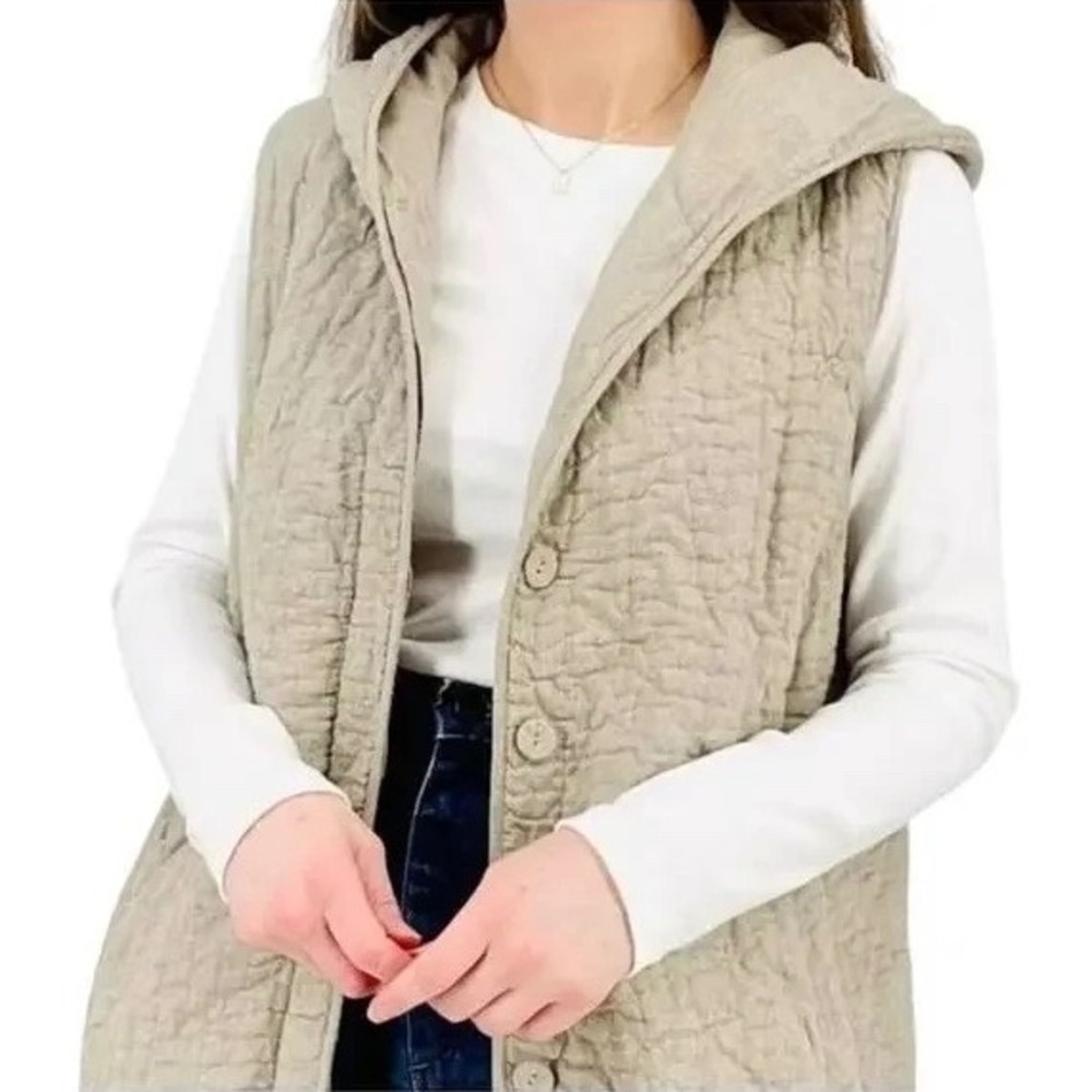 Eileen Fisher Cotton Quilted‎ Hooded Vest in Beige Size Petite Medium
